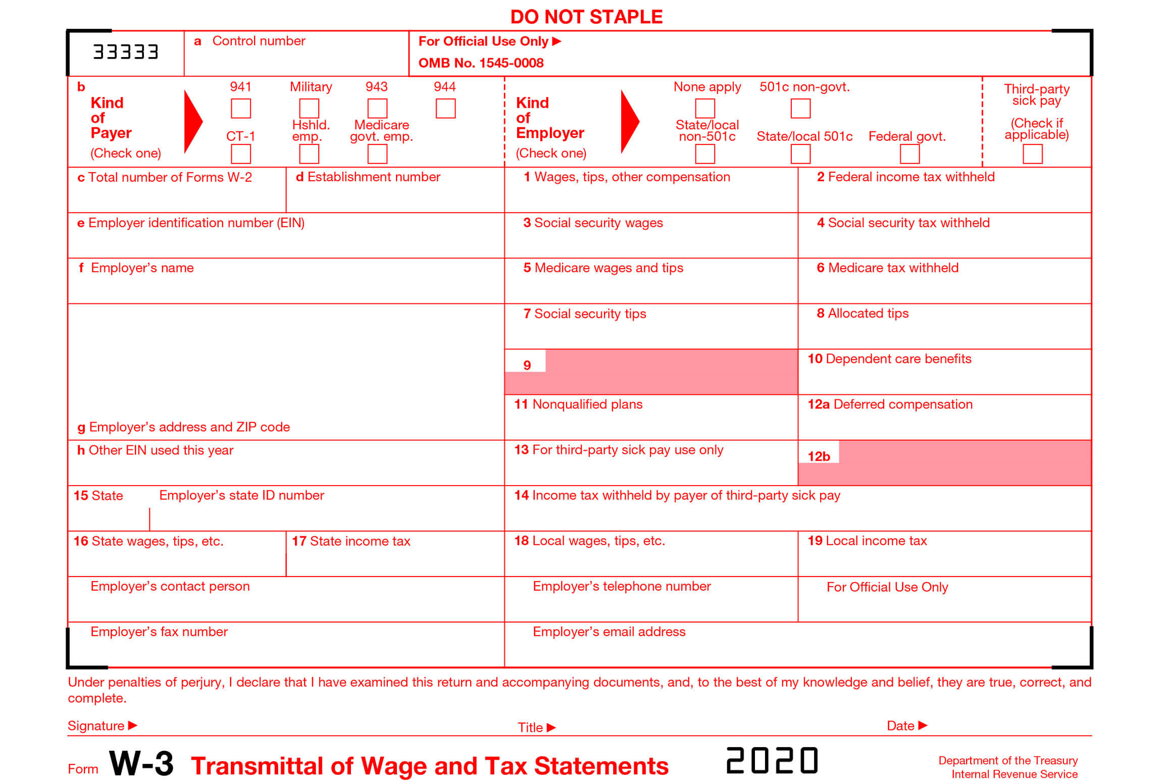 Printable W3 Form 2020 PDF