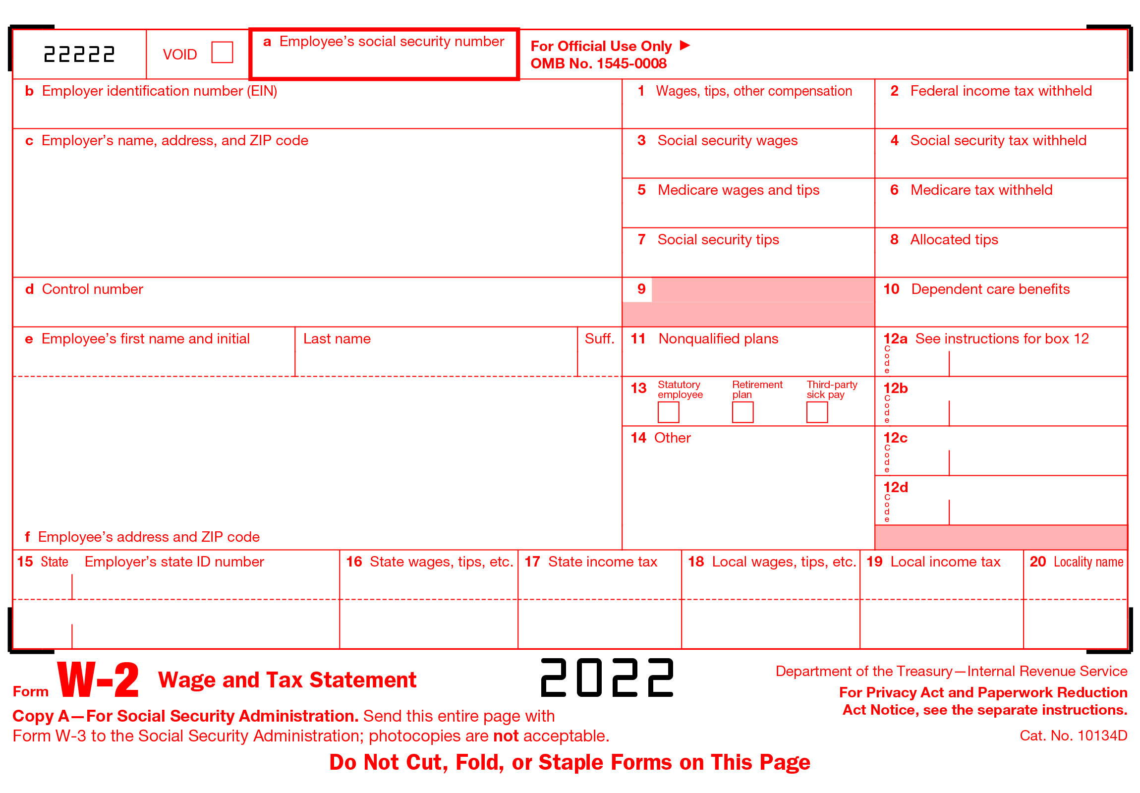 Printable W2 Form 2022 Online